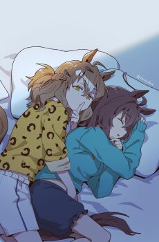 2girls agnes_tachyon_(umamusume) ahoge animal_ears animal_print blue_shirt brown_hair closed_eyes commentary_request finger_to_mouth front-to-back green_shirt hair_between_eyes hair_ornament hairclip highres horse_ears horse_girl horse_tail hug hug_from_behind huge_ahoge jungle_pocket_(umamusume) korean_commentary leopard_print long_sleeves looking_at_viewer lying mazu1kan medium_hair multiple_girls notched_ear on_bed on_side pillow shirt shorts shushing sleeping tail twitter_username umamusume white_shorts yellow_eyes yellow_shirt yuri