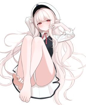 1girl barefoot bebetang blonde_hair blush feet hat highres long_hair looking_at_viewer lying on_back panties pantyshot pointy_ears red_eyes soles toes underwear