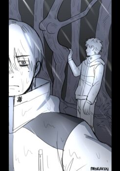 2boys derivative_work hikaru_ga_shinda_natsu indou_hikaru indou_hikaru_(human) looking_at_viewer male_focus mangaken meme mole mole_on_cheek mole_under_eye mole_under_mouth multiple_boys multiple_moles outdoors photo-referenced rain selfie short_hair smile tree tsujinaka_yoshiki upper_body