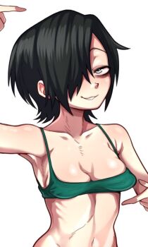 1girl aqua_bra arm_up bags_under_eyes bare_shoulders black_hair bra breasts collarbone commentary english_commentary grey_eyes hair_over_one_eye half-closed_eye looking_at_viewer one_eye_covered original parted_lips raised_eyebrow ramdomrot short_hair simple_background small_breasts smile smirk solo underwear upper_body variant_set white_background