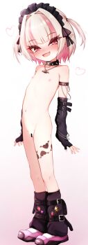 1girl :d bar_censor black_collar black_gloves blush censored collar commentary_request elbow_gloves fang flat_chest full_body gloves grey_hair hair_intakes heart highres huucha_(cpaf5377) jewelry leg_warmers loli looking_at_viewer makaino_ririmu multicolored_hair navel necklace nijisanji nipples nose_blush nude open_mouth pink_hair pink_shoes pointy_ears red_eyes shoes short_hair skin_fang smile sneakers solo spiked_collar spikes standing two-tone_hair two_side_up variant_set