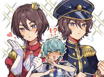 !? 2boys aiguillette ascot black_hat black_jacket blowing_kiss blue_eyes blue_hair brown_hair closed_mouth commentary_request crown epaulettes glint gloves green_eyes hand_up hat highres jacket kashi_ore_3 king_of_prism looking_at_viewer male_focus multiple_boys multiple_views norizuki_jin open_mouth outline peaked_cap pretty_rhythm pretty_series puff_of_air red_jacket short_hair surprised sweatdrop takadanobaba_jouji upper_body white_ascot white_gloves white_outline