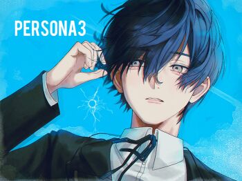1boy arm_up black_jacket blue_hair blue_ribbon bullet_hole collared_shirt copyright_name eyelashes gekkoukan_high_school_uniform grey_eyes happyprice110 hashtag-only_commentary highres jacket layered_sleeves long_sleeves male_focus neck_ribbon parted_hair parted_lips persona persona_3 ribbon school_uniform shirt short_hair solo white_shirt wing_collar yuuki_makoto_(persona_3)