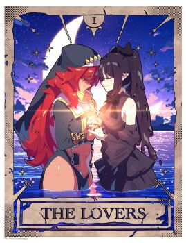 2girls black_dress black_hair breasts chain closed_eyes cloud dark-skinned_female dark_skin dress elf hair_ribbon highres holding_hands interlocked_fingers jesternalagon long_hair long_sleeves messy_hair moon multiple_girls navel nun original pointy_ears ponytail red_hair ribbon sky smile tarot water yuri