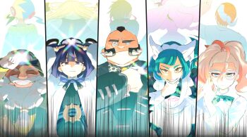5boys 5girls absurdres apron badge beard belt black_hair black_suit bow bowtie canari_(pokemon) commentary_request corbeau_(pokemon) facial_hair formal_clothes glasses gomabu_(rirurutennsi) green_hair grey_hair grin griselle_(pokemon) grisham_(pokemon) gwynn_(pokemon) hard_hat helmet highres ivor_(pokemon) jacinthe_(pokemon) jacket jewelry lebanne_(pokemon) maid_apron maid_headdress mega_stone mohawk multiple_boys multiple_girls mustache nintendo philippe_(pokemon) pokemon pokemon_legends:_z-a purple_hair ring smile suit tarragon_(pokemon) white_jacket