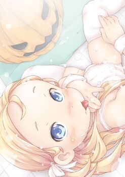1girl :p blonde_hair blue_eyes blush forehead from_above halloween ham_(points) jack-o&#039;-lantern loli long_hair looking_at_viewer one-piece_swimsuit original pumpkin solo swimsuit thighhighs tongue tongue_out white_one-piece_swimsuit white_thighhighs