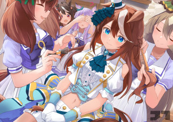5girls absurdres ahoge animal_ears applying_another's_makeup applying_makeup aqua_bow ascot bare_shoulders black_hair blue_ascot blue_eyes blush bow breasts brown_hair brushing_hair closed_eyes closed_mouth clothing_cutout collarbone commentary_request cosplay dress ear_bow frilled_dress frills gloves green_ascot hair_between_eyes hand_in_another's_hair hat highres holding_another's_hair horse_ears horse_girl horse_tail jtleeklm kitasan_black_(umamusume) long_hair makeup_brush mejiro_mcqueen_(end_of_the_skies)_(umamusume) mejiro_mcqueen_(umamusume) mejiro_mcqueen_(umamusume)_(cosplay) midriff mini_hat mini_top_hat multicolored_hair multiple_girls navel nice_nature_(umamusume) open_mouth pleated_skirt puffy_short_sleeves puffy_sleeves purple_bow purple_hair purple_shirt red_eyes sailor_collar sailor_shirt satono_diamond_(umamusume) school_uniform serafuku shirt short_hair short_sleeves shorts shoulder_cutout sitting skirt smile stomach_cutout streaked_hair summer_uniform tail tilted_headwear tokai_teio_(umamusume) top_hat tracen_school_uniform umamusume very_long_hair white_gloves white_hair white_hat white_sailor_collar white_shorts white_skirt