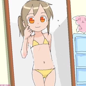 1girl akame-chan_(kyo-yan) bikini brown_hair cameltoe flat_chest highres kyo-yan loli mirror navel oekaki orange_eyes original ponytail sidelocks swimsuit yellow_bikini
