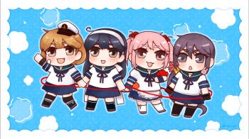 ;3 akebono_(kancolle) akebono_kai_ni_(kancolle) bandaid bandaid_on_face black_thighhighs blue_sailor_collar blue_skirt commentary_request crab fang fuzino hat highres kantai_collection long_hair oboro_(kancolle) one_eye_closed peaked_cap pink_hair pleated_skirt sailor_collar sailor_shirt sazanami_(kancolle) sazanami_kai_(kancolle) school_uniform serafuku shirt short_hair side_ponytail skirt smile thighhighs ushio_(kancolle) ushio_kai_ni_(kancolle)