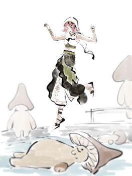 1girl absurdres belt black_eyes black_lips black_sandals black_skirt bracelet brown_hairband cloak crop_top floating_on_back full_body gold_belt gold_bracelet gold_necklace hairband half-closed_eyes happy highres hood hood_up hooded_cloak infinity_nikki jewelry jumping layered_skirt light_blush lipstick long_skirt looking_at_viewer makeup medium_hair midriff multicolored_hair multiple_bracelets mushroom necklace nikki_(nikki) nikki_(series) parted_lips pink_hair pleated_skirt pointy_nose pool purifying_wind_(infinity_nikki) qingjiwonanjiejie sandals shirt shroomling_(infinity_nikki) skirt sleeveless sleeveless_shirt smile streaked_hair white_background white_cloak white_shirt white_skirt