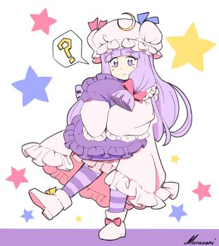 Rule 34 | 1girl, ?, absurdres, artist name, blunt bangs, bow, commentary, dress, footwear bow, frilled dress, frilled pillow, frilled sleeves, frills, full body, hair bow, hat, highres, holding, holding pillow, long hair, long sleeves, mob cap, murusenimikko, pantyhose, patchouli knowledge, pillow, purple eyes, purple hair, sky, solo, spoken question mark, standing, standing on one leg, star (sky), star (symbol), star symbol background, starry sky, striped clothes, striped pantyhose, touhou, very long hair