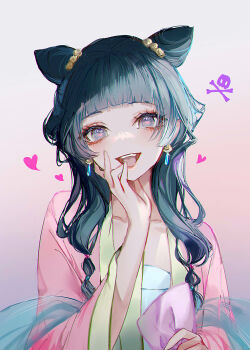 Rule 34 | 1girl, black hair, blue eyes, blush, chest sarashi, commentary request, cone hair bun, double bun, dress, earrings, hair bun, hand on own cheek, hand on own face, head tilt, heart, heart-shaped pupils, hime cut, jewelry, kinokohime, kusuriya no hitorigoto, long hair, looking at viewer, maomao (kusuriya no hitorigoto), open mouth, pink dress, sarashi, simple background, smile, solo, symbol-shaped pupils, teardrop earrings, tongue, upper body, wide sleeves