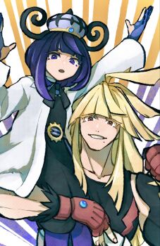 1boy 1girl black_hair blonde_hair blue_gloves blunt_bangs bob_cut brother_and_sister coat dress fingerless_gloves gari_osushi gloves gwynn_(pokemon) hat highres ivor_(pokemon) long_hair long_sleeves looking_at_viewer mole mole_under_mouth nintendo open_clothes open_coat open_mouth partially_fingerless_gloves pokemon pokemon_legends:_z-a purple_eyes purple_hair shirt short_hair siblings white_coat