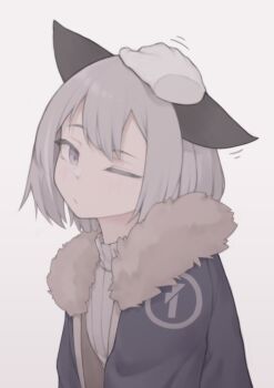 1girl animal_ear_fluff animal_ears closed_mouth fox_ears fox_girl grey_hair headpat highres jaana_kettu jacket multicolored_hair original peachyp purple_eyes short_hair shorts sidelocks simple_background solo streaked_hair sweater two-tone_hair