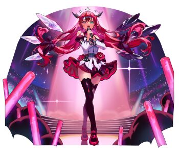 1girl absurdres asymmetrical_wings blue_eyes bow breasts cleavage cleavage_cutout clothing_cutout commentary concert crossed_legs crowd crystal_wings detached_wings double_halo dress dress_flower earrings english_commentary fangs flower fluffycatfish full_body glowstick hair_bow halo halter_dress halterneck heterochromia highres holding holding_microphone hololive hololive_english horns irys_(hololive) irys_(irys_2.0)_(hololive) jewelry juliet_sleeves long_hair long_sleeves looking_at_viewer low-tied_long_hair microphone mismatched_wings multicolored_hair music open_mouth penlight_(glowstick) pointy_ears puffy_sleeves purple_eyes purple_hair purple_thighhighs red_hair red_shoes shoes short_dress singing sleeveless sleeveless_dress solo spotlight stage star_halo strappy_heels streaked_hair thighhighs very_long_hair virtual_youtuber white_dress wings