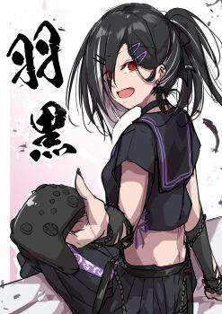 1girl absurdres azur_lane black_choker black_hair black_shirt black_skirt character_name choker controller cropped_shirt game_controller haguro_(azur_lane) hair_ornament hair_over_one_eye hairclip high_ponytail highres holding holding_controller holding_game_controller looking_at_viewer open_mouth oriue_wato pleated_skirt ponytail red_eyes shirt sitting sketch skirt solo white_hair