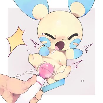 1other absurdres blush border closed_eyes drooling gen_3_pokemon grey_background highres hitachi_magic_wand holding lying minun nintendo nose_blush on_back open_mouth pokemon pokemon_(creature) pokephilia saliva sex_toy simple_background solo_focus spread_legs vibrator white_border youjo_modoki