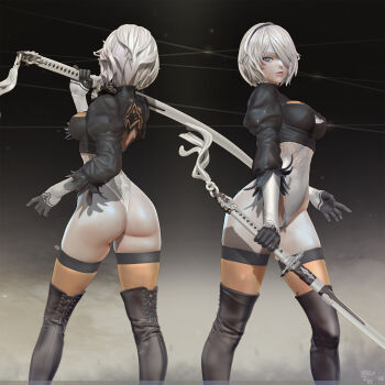 1girl 3d alternate_costume ass hair_over_one_eye highres leotard leslyzerosix mole mole_under_mouth multiple_views nier_(series) nier:automata pod_(nier:automata) short_hair silver_hair sword thighhighs weapon 2b_(nier:automata)
