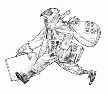 1boy briefcase coat commentary_request feathers full_body furry furry_male holding holding_briefcase holding_newspaper looking_to_the_side male_focus nagabe newspaper original pants red_background running sack scarf shirt solo suspenders