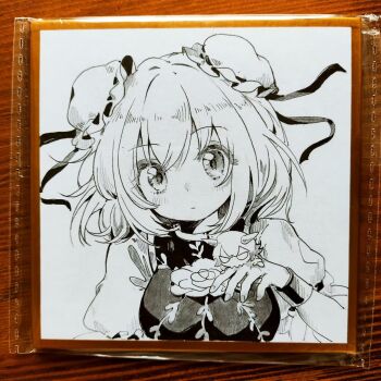 1girl blush closed_mouth dress greyscale highres ibaraki_kasen monochrome shikishi short_hair short_sleeves solo touhou traditional_media youshouhaoxianzhe