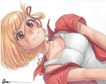 1girl artist_name blonde_hair blush breasts earrings gold_necklace hair_ribbon heart heart_earrings heart_necklace jacket jewelry lips looking_at_viewer lycoris_recoil necklace nishikigi_chisato non-web_source omar_dogan open_clothes open_jacket piercing red_eyes red_jacket red_ribbon ribbon shirt short-sleeved_jacket short_hair short_sleeves tank_top white_shirt white_tank_top