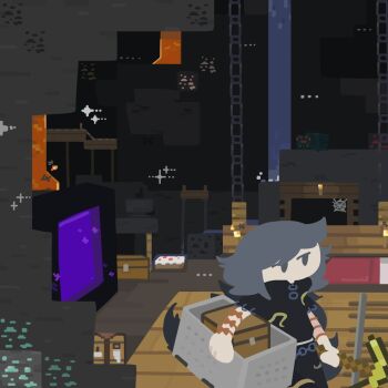 1girl bed black_shirt bow cake cake_(minecraft) cave cave_spider chest_(furniture) coal commentary crafting_table_(minecraft) diamond_(gemstone) food gold grey_eyes grey_hair highres himemushi_momoyo holding holding_pickaxe lava long_hair looking_ahead minecart minecraft minecraft_pickaxe nether_portal orange_bow pickaxe railroad_tracks shirt signature solo thatpebble torch touhou very_long_hair water