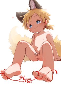 1boy absurdres animal_ears barefoot blonde_hair blue_eyes censored completely_nude feet flaccid foot_focus fox_ears fox_tail highres male_focus navel nipples nude penis ponytail ribbon shota smile soles solo solo_focus tagme tail testicles toes yuanyuan