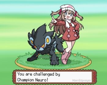 Rule 34 | 1girl, beanie, black fur, blue eyes, blue fur, boots, bow, brown hair, colored sclera, commentary, cosplay, dawn (pokemon), dawn (pokemon) (cosplay), english commentary, gen 4 pokemon, hair between eyes, hair ribbon, hat, long hair, long sleeves, luxray, mantisprayer22, neuro-sama, nintendo, pink boots, pokemon, pokemon (creature), pokemon dppt, pokemon platinum, red ribbon, red sclera, ribbon, scarf, standing, tail, two-tone fur, two side up, vedal ai, virtual youtuber, white hat, yellow eyes, yellow pupils