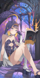 Rule 34 | 1girl, absurdres, blue eyes, book, dress, flat chest, floating, floating book, floating object, gloves, halo, highres, hololive, hololive english, long hair, mahou io, ninomae ina&#039;nis, ninomae ina&#039;nis (1st costume), purple gloves, purple hair, single thighhigh, sitting, strapless, strapless dress, tentacles, thighhighs, virtual youtuber, window