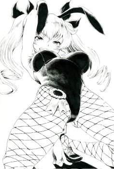 1girl alternate_costume anchovy_(girls_und_panzer) animal_ears black_leotard breasts commentary_request drill_hair fake_animal_ears fishnet_pantyhose fishnets girls_und_panzer high_heels highres leotard long_hair looking_at_viewer monochrome pantyhose playboy_bunny rabbit_ears sawamin simple_background smile solo squatting teeth twintails white_background