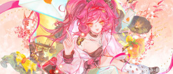 1girl absurdres black_choker black_shirt breasts bug butterfly chips_ahoy! choker envelope hairband highres index_finger_raised insect jacket jewelry long_hair looking_at_viewer lupa_(wuthering_waves) medium_breasts mian_tu_qiu missing_commentary necklace official_alternate_costume parted_lips phonograph pink_hair pink_jacket red_hairband shirt single_off_shoulder solo star_(symbol) star_necklace thighs twintails wuthering_waves yellow_butterfly yellow_eyes