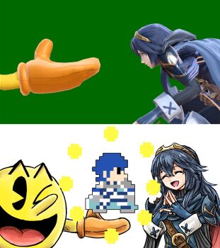 Rule 34 | 1boy, 1girl, ;d, armor, blue gloves, blue hair, chrom (fire emblem), closed eyes, fingerless gloves, fire emblem, fire emblem awakening, game screenshot inset, gloves, hair between eyes, kicdon, long hair, long sleeves, lucina (fire emblem), nintendo, one eye closed, open mouth, pac-man, pac-man (game), shoulder armor, smile, sprite, steepled fingers, super smash bros., tiara