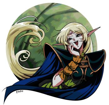 1girl absurdres armor artist_name blonde_hair blue_cloak border breasts cloak deedlit detached_sleeves dress elf findoworld forehead_jewel gold_trim green_dress hand_on_own_cheek hand_on_own_face highres long_hair medium_breasts open_mouth orange_sleeves pointy_ears record_of_lodoss_war shoulder_armor smile solo upper_body white_border
