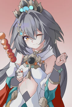 Rule 34 | 1girl, absurdres, aqua skirt, arm armor, bare shoulders, berrypheasant skewer (honkai: star rail), bracelet, chinese clothes, chinese commentary, clenched hand, closed mouth, clothing cutout, commentary request, evzeva, fingernails, gold bracelet, gradient background, grey hair, hair between eyes, hair ornament, hands up, headpiece, highres, holding, holding skewer, honkai: star rail, honkai (series), jewelry, long hair, looking at viewer, low twintails, nail polish, one eye closed, red background, red nails, short sleeves, simple background, skewer, skirt, smile, solo, standing, tanghulu, tank top, tassel, twintails, white background, white sleeves, white tank top, yellow eyes, yunli (honkai: star rail)