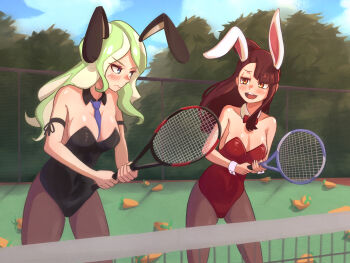 2girls animal_ears annoyed ball black_leotard blue_eyes blue_necktie blue_sky blush bow bowtie breasts brown_hair brown_pantyhose carrot closed_mouth commentary_request detached_collar diana_cavendish fake_animal_ears frown green_hair half-closed_eyes highres holding holding_tennis_racket kagari_atsuko leotard little_witch_academia long_hair looking_at_another looking_to_the_side madabau medium_breasts multiple_girls necktie open_mouth orange_eyes outdoors pantyhose playboy_bunny ponytail rabbit_ears racket red_bow red_bowtie red_leotard skirt sky strapless strapless_leotard teeth tennis_racket upper_teeth_only white_wrist_cuffs wrist_cuffs
