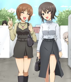 4girls bag black_boots black_dress black_hair blue_sky boots brown_eyes brown_hair cloud commentary_request day dress feet_out_of_frame girls_und_panzer heart_locket highres itsumi_erika multiple_girls nishizumi_maho nishizumi_miho nishizumi_shiho omachi_(slabco) outdoors road shirt short_hair siblings sisters sky street white_shirt