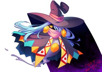 blue_hair drawcia hair_over_one_eye hat kiinu_karatachi kirby_(series) kirby:_canvas_curse long_hair nintendo purple_hat signature solo witch_hat yellow_eyes