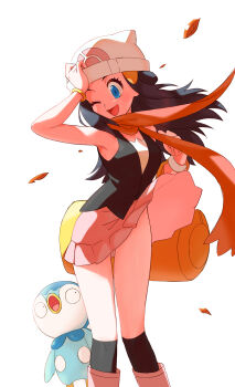 Rule 34 | 1girl, ;d, absurdres, bag, beanie, black hair, blue eyes, boots, bracelet, clothes lift, commentary request, commission, dawn (pokemon), duffel bag, eyelashes, falling leaves, floating scarf, gen 4 pokemon, hair ornament, hairclip, hat, highres, implied nopan, jewelry, leaf, long hair, looking down, nintendo, no panties, one eye closed, open mouth, over-kneehighs, pink boots, piplup, pixiv commission, pokemon, pokemon (creature), pokemon dppt, scarf, skirt, skirt lift, smile, thighhighs, tongue, u4 99384295, white background, white hat, wind, wind lift, yellow bag