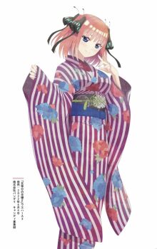 1girl anime_coloring artist_request blue_eyes blunt_bangs butterfly_hair_ornament closed_mouth commentary_request floral_print floral_print_kimono go-toubun_no_hanayome gradient_nails hair_ornament head_tilt japanese_clothes kimono light_blush looking_at_viewer nail_polish nakano_nino obi obijime pink_hair print_kimono sash short_hair sidelocks simple_background smile solo standing two_side_up white_background wide_sleeves