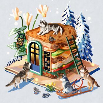 animal animal_focus artist_name bird bread bread_slice cheese christmas_tree flower food food_focus grey_background in_food issiki_toaki ladder lettuce lying no_humans original pine_tree plant sandwich shadow shop simple_background snow tree twitter_username window winter wolf yellow_flower