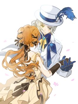 Rule 34 | 2girls, : (49610029338), black gloves, blue feathers, blue gloves, blue shirt, boater hat, chinese commentary, coat, commentary request, dress, facing another, facing away, falling petals, feathers, gloves, grey eyes, grey hair, hair bun, hat, hat feather, highres, holding hands, long hair, looking at another, low ponytail, multiple girls, neck ribbon, official alternate costume, orange hair, petals, ponytail, reverse:1999, ribbon, shirt, short hair, single side bun, sleeveless, sleeveless dress, smile, sonetto (reverse:1999), upper body, vertin (ipstar) (reverse:1999), vertin (reverse:1999), white background, white coat, white hat, yellow dress, yellow ribbon, yuri