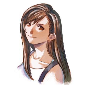 1girl bare_shoulders black_hair brown_hair closed_mouth collarbone commentary_request earrings final_fantasy final_fantasy_vii hair_behind_ear highres jewelry long_hair looking_at_viewer portrait red_eyes single_earring single_sidelock smile solo suspenders tank_top tifa_lockhart tori_(labyrinth_fft) upper_body white_background white_tank_top