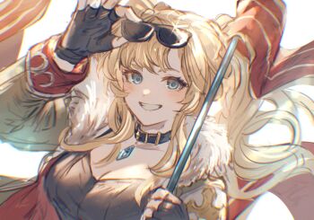 Rule 34 | 1girl, black collar, blonde hair, blue eyes, breasts, cleavage, collar, commentary request, eyewear on head, fingerless gloves, gloves, granblue fantasy, grin, hibana (hibana ztlv), highres, holding, holding polearm, holding weapon, long hair, over shoulder, polearm, smile, sunglasses, twintails, weapon, weapon over shoulder, zeta (dark) (granblue fantasy), zeta (granblue fantasy)