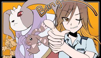 Rule 34 | andiramon (deva), brown eyes, brown hair, date makiko, digimon, digimon story: cyber sleuth, highres, lopmon, lunamon, medium hair, necktie, one eye closed, police, police uniform, policewoman, smile, terriermon, wink