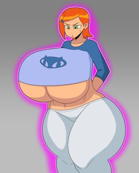 1girl aura ben_10 breast_expansion breasts collarbone duskyer female_focus gigantic_breasts green_eyes grey_background growth gwen_tennyson looking_at_breasts midriff navel orange_hair pants short_hair solo standing thick_thighs thighs underboob white_pants wide_hips