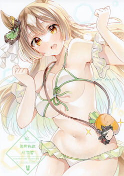 1girl absurdres animal_ears bikini black_hair blush bow breasts brown_hair character_charm charm_(object) cleavage commentary_request double-parted_bangs ear_ornament ear_ribbon green_bikini highres horse_ears horse_girl horse_tail kitasan_black_(umamusume) large_breasts long_hair looking_at_viewer multicolored_hair navel open_mouth satono_diamond_(umamusume) shin_kun30 smile solo stomach streaked_hair swimsuit tail umamusume underboob white_bikini white_hair