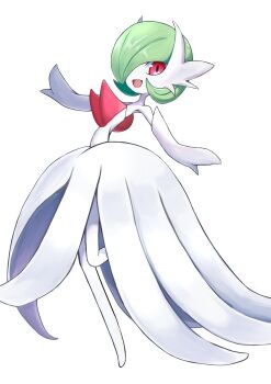 0_karao_ekaki_renshuu_man 1girl arm_up bare_shoulders bob_cut colored_skin dress elbow_gloves female_focus flat_chest gardevoir gen_3_pokemon gloves green_hair hair_over_one_eye happy knees_together_feet_apart leg_up long_dress looking_at_viewer mega_gardevoir mega_pokemon nintendo no_feet one_eye_covered open_mouth pokemon pokemon_(creature) red_eyes short_hair simple_background smile solo standing standing_on_one_leg strapless strapless_dress white_background white_dress white_gloves white_skin white_theme