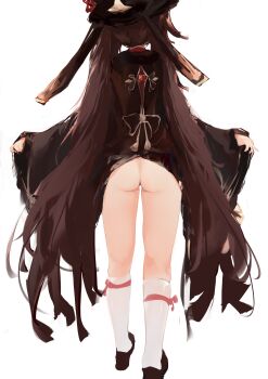 1girl absurdres ass black_hat bottomless brown_hair chinese_clothes flower from_behind genshin_impact hat hat_flower highres hu_tao_(genshin_impact) legs long_hair long_sleeves maomoking no_panties simple_background socks solo standing tailcoat thighs top_hat twintails very_long_hair vision_(genshin_impact) white_background white_socks wide_sleeves