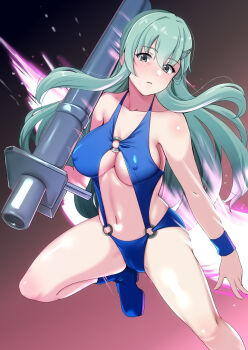 1girl bare_shoulders bazooka_(gundam) blue_boots boots breasts commission covered_erect_nipples green_eyes green_hair hair_ornament hairclip highres imminent_death kantai_collection large_breasts leg_up linked_bikini long_hair navel o-ring o-ring_swimsuit parted_lips pixiv_commission solo suzuya_(kancolle) swimsuit tirasi_(so) wristband