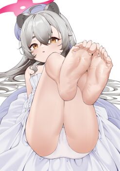 1girl absurdres animal_ears barefoot blue_archive blush cameltoe chirpy dress feet female_focus grey_hair halo hat highres legs legs_up loli long_hair looking_at_viewer lying michiru_(blue_archive) michiru_(dress)_(blue_archive) on_back orange_eyes panties raccoon_ears raccoon_girl raccoon_tail simple_background soles solo tail thighs toes underwear white_background white_panties